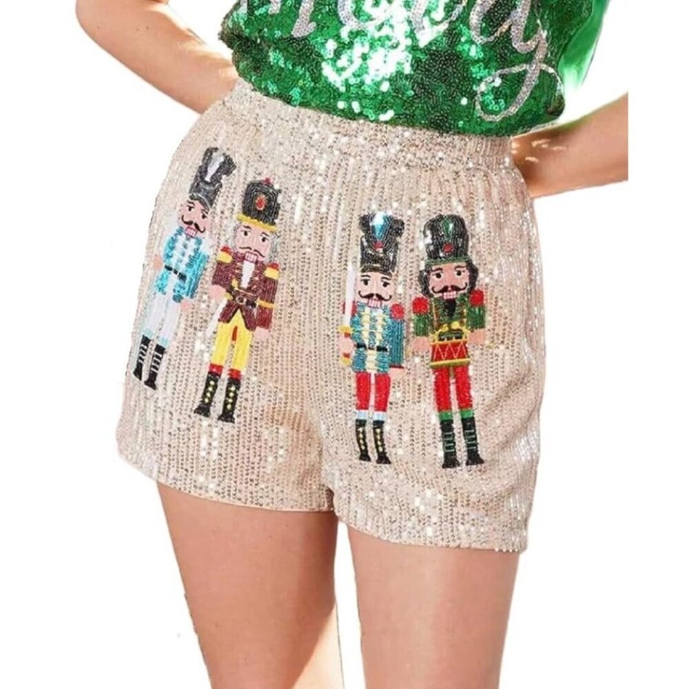 Sequin Nutcracker High Waist Holiday Shorts - Cream